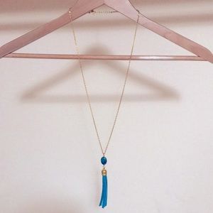Tassel and Large Beaded Necklace Turquoise Blue w/Gold-tone Chain